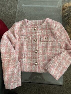 Pink Tweed Pearl-Button Cropped Blazer
